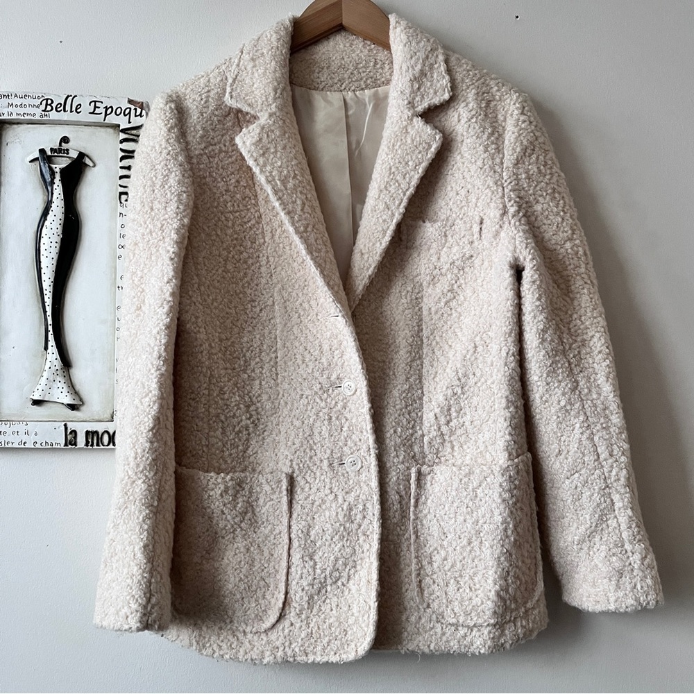Vintage 100% Bouclé Wool Cream Textured Minimalist Teddy Blazer Size M - Picture 1 of 13